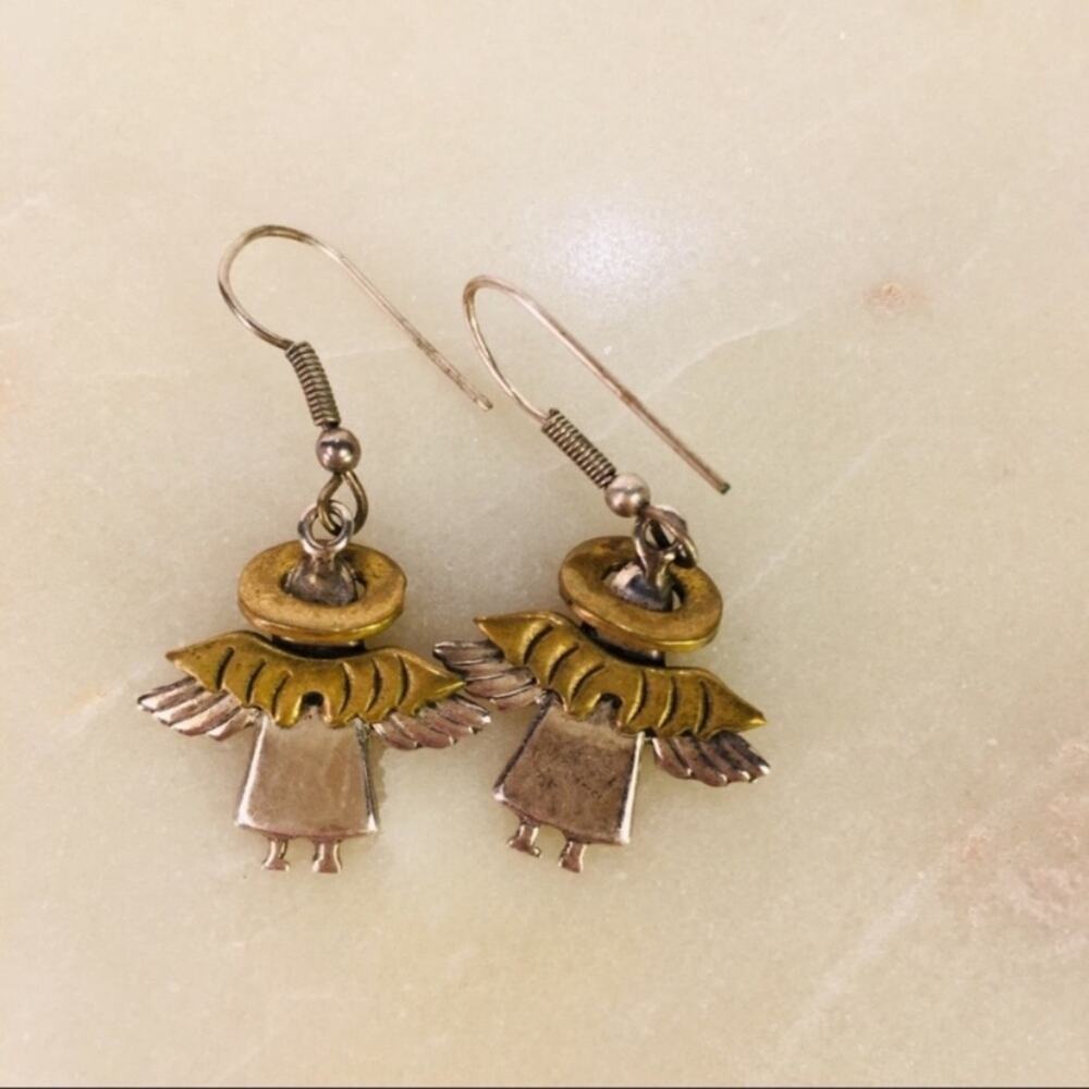 Vintage Silver Angel Fish Hook Earrings Mixed Metal Silver Gold